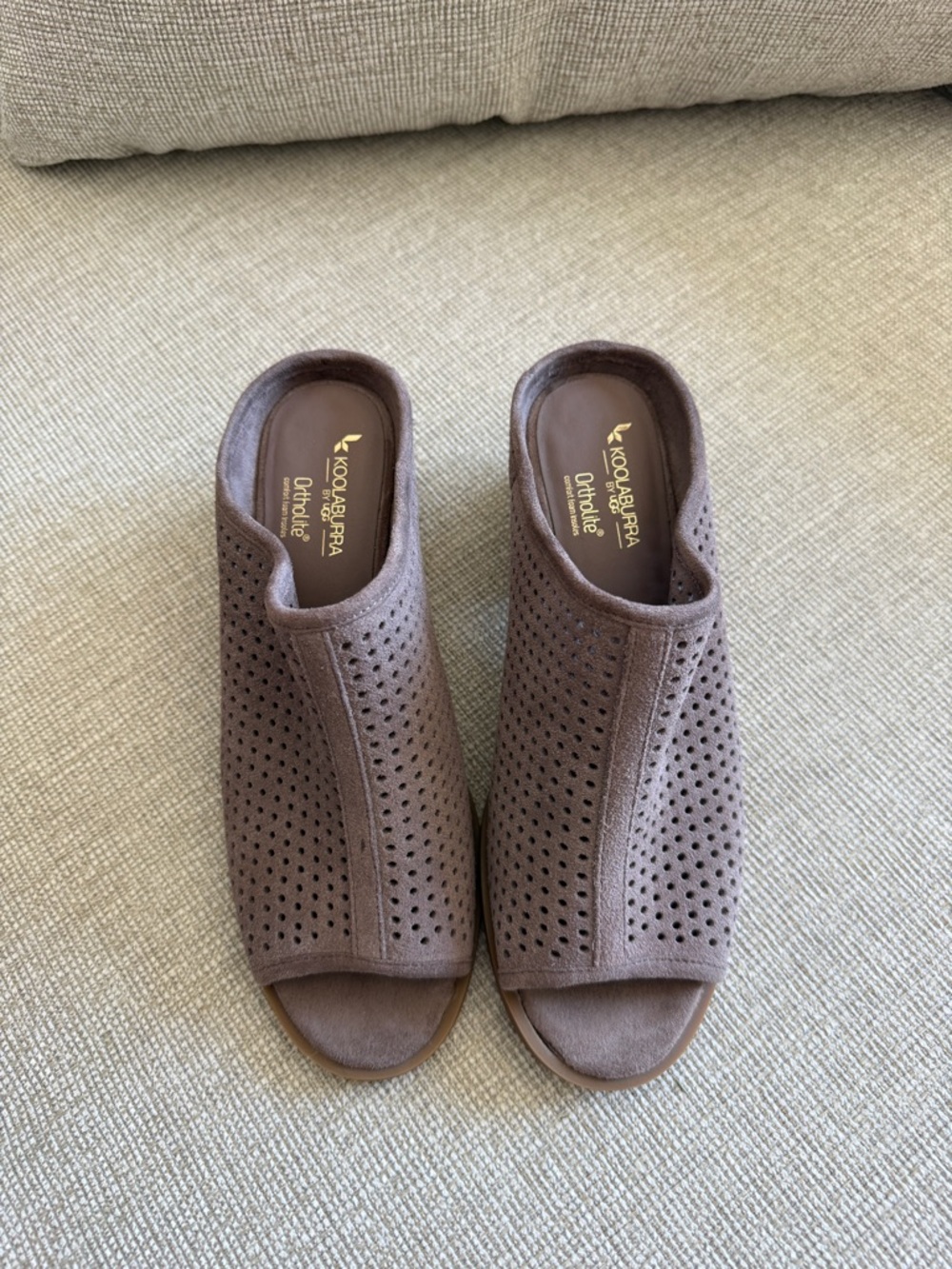 Koolaburra Taupe suede Perforated Open-Toe Suede Mules block heel 6.5